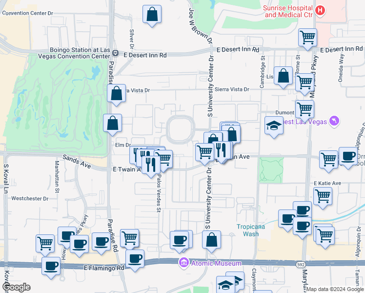 map of restaurants, bars, coffee shops, grocery stores, and more near 605 South Royal Crest Circle in Las Vegas