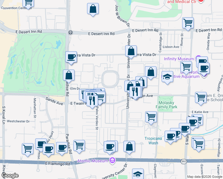 map of restaurants, bars, coffee shops, grocery stores, and more near 605 South Royal Crest Circle in Las Vegas