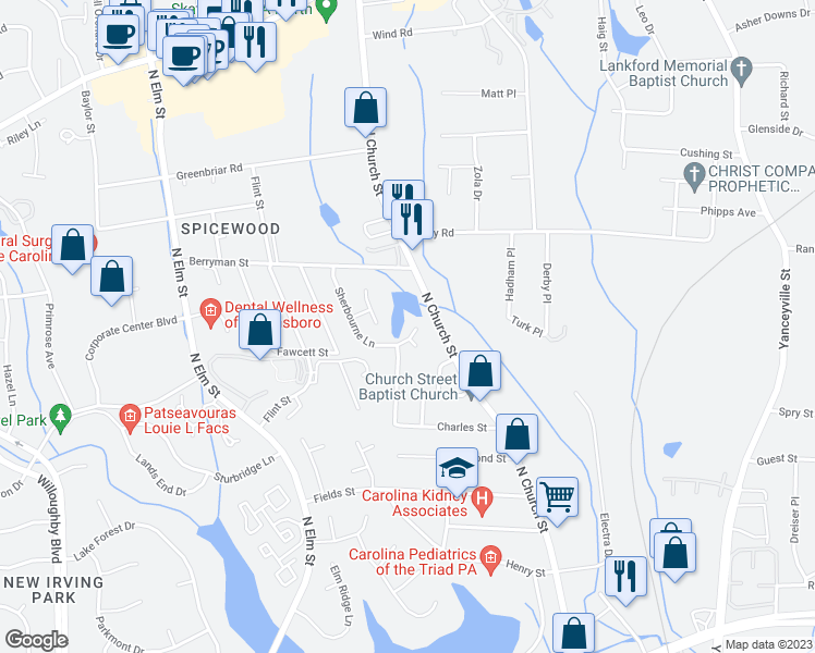 map of restaurants, bars, coffee shops, grocery stores, and more near 3504 Sherbourne Lane in Greensboro