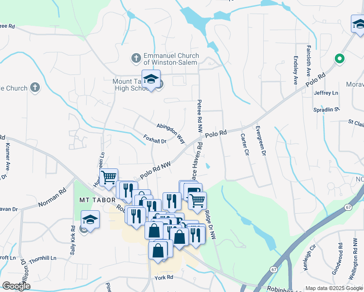 map of restaurants, bars, coffee shops, grocery stores, and more near 3171 Polo Road Northwest in Winston-Salem