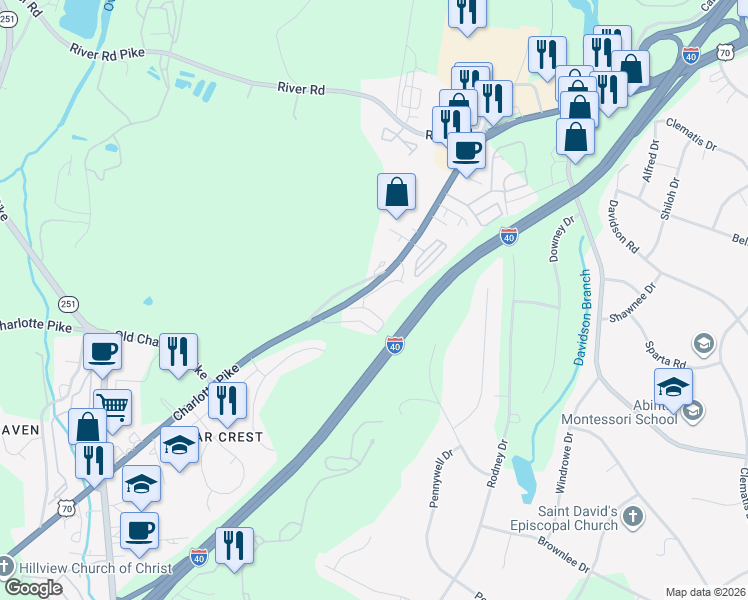 map of restaurants, bars, coffee shops, grocery stores, and more near 7201 Charlotte Pike in Nashville