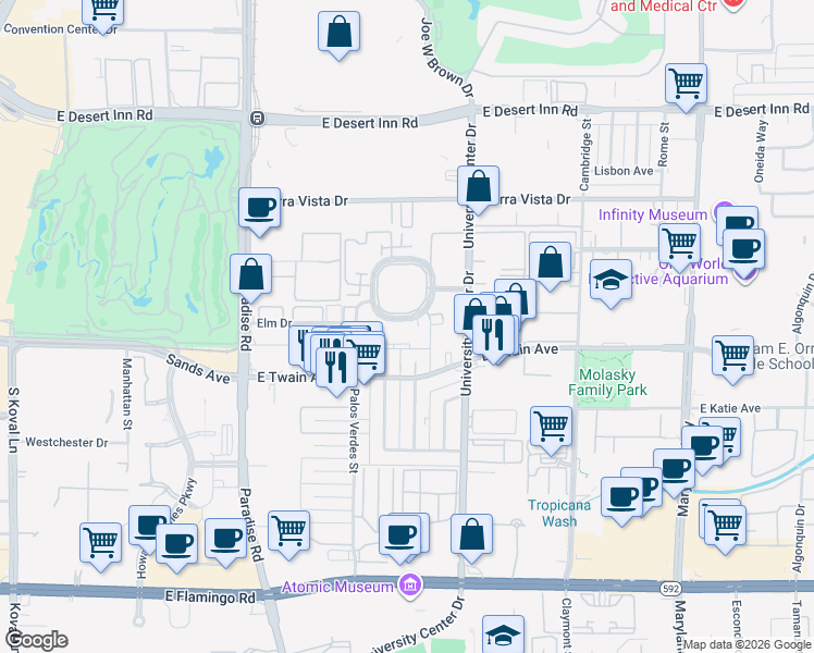 map of restaurants, bars, coffee shops, grocery stores, and more near 575 South Royal Crest Circle in Las Vegas