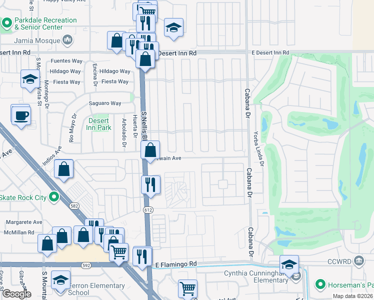 map of restaurants, bars, coffee shops, grocery stores, and more near 3665 Estes Park Drive in Las Vegas