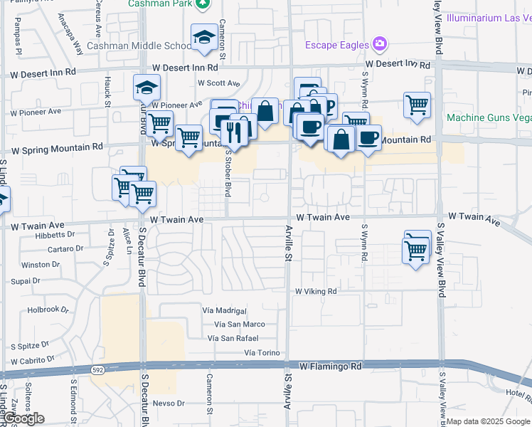 map of restaurants, bars, coffee shops, grocery stores, and more near 12 West Twain Avenue in Las Vegas