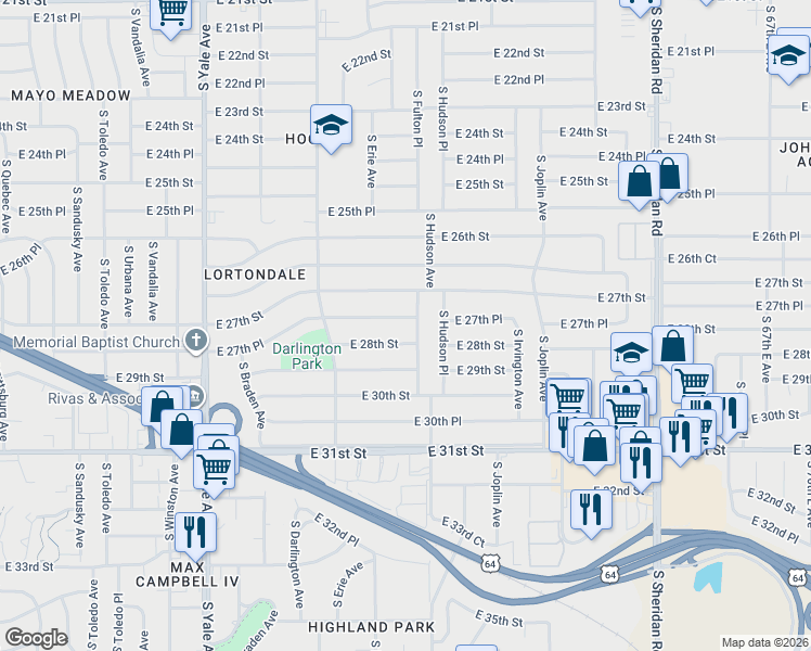map of restaurants, bars, coffee shops, grocery stores, and more near 5378 East 27th Place in Tulsa