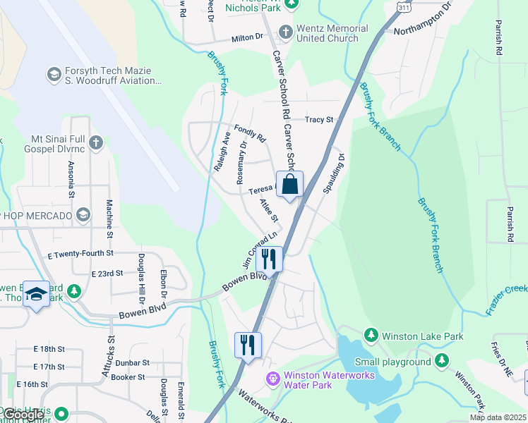map of restaurants, bars, coffee shops, grocery stores, and more near 2520 Atlee Street in Winston-Salem