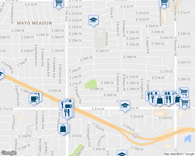 map of restaurants, bars, coffee shops, grocery stores, and more near 5308 East 27th Place in Tulsa