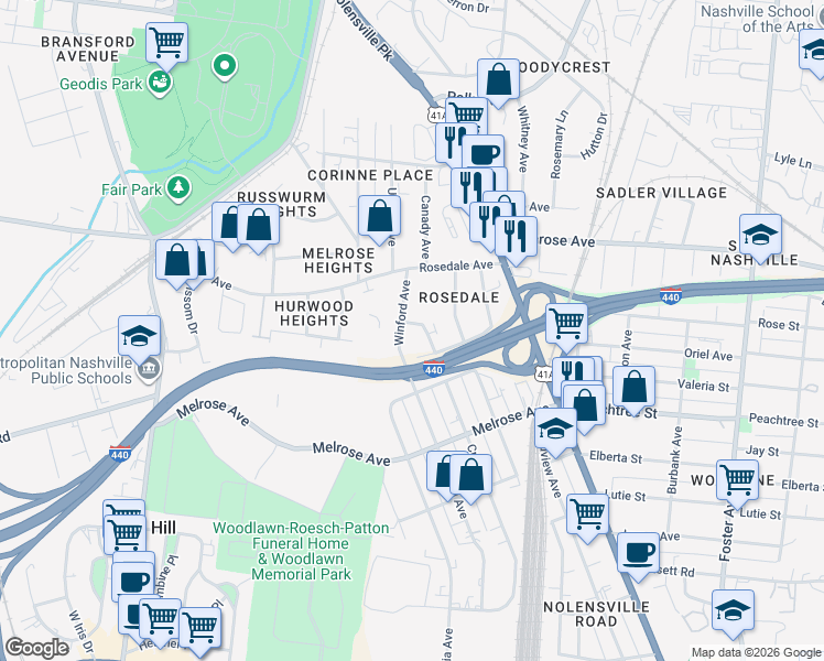 map of restaurants, bars, coffee shops, grocery stores, and more near 2227 Cruzen Street in Nashville