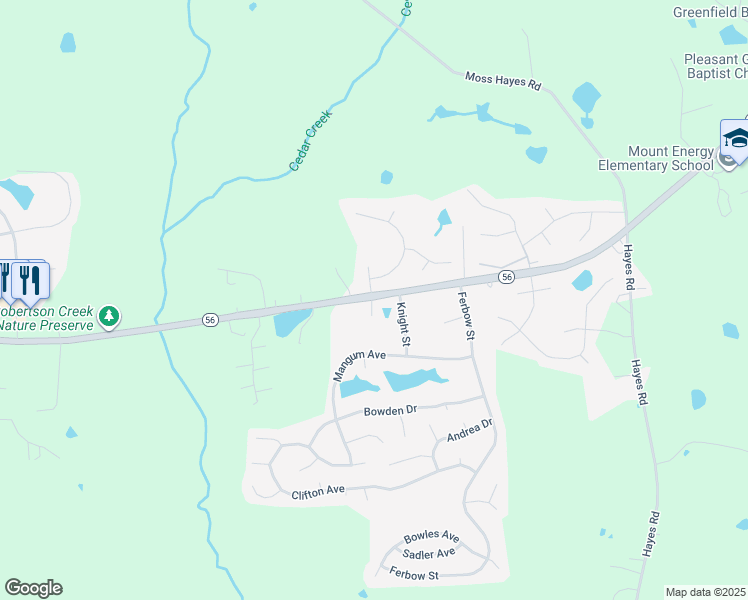 map of restaurants, bars, coffee shops, grocery stores, and more near 2554 North Carolina 56 in Creedmoor