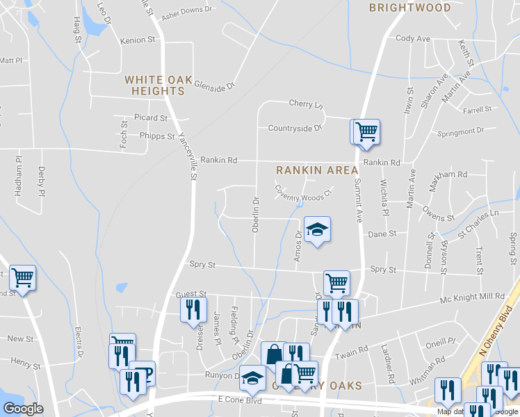 map of restaurants, bars, coffee shops, grocery stores, and more near 3402 Oberlin Drive in Greensboro