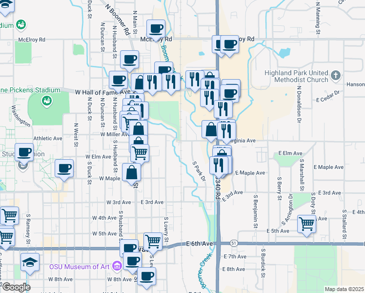 map of restaurants, bars, coffee shops, grocery stores, and more near 413 East Virginia Avenue in Stillwater