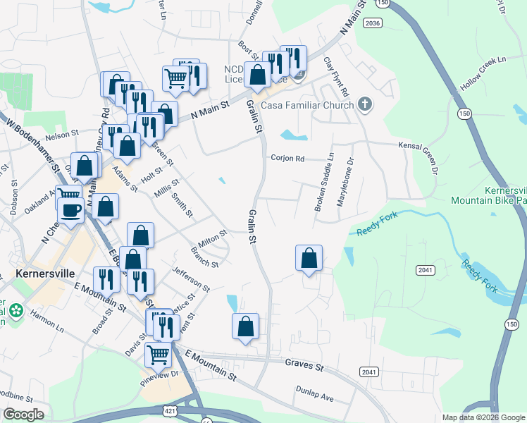 map of restaurants, bars, coffee shops, grocery stores, and more near 406 Gralin Street in Kernersville