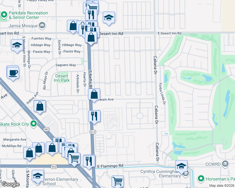 map of restaurants, bars, coffee shops, grocery stores, and more near 3665 Estes Park Drive in Las Vegas