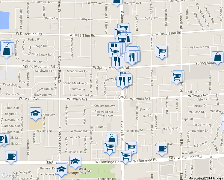map of restaurants, bars, coffee shops, grocery stores, and more near 6182 Meadow View Lane in Las Vegas