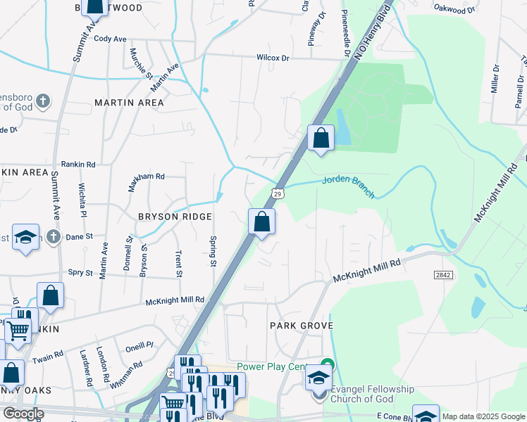 map of restaurants, bars, coffee shops, grocery stores, and more near 3401 U.S. 29 in Greensboro