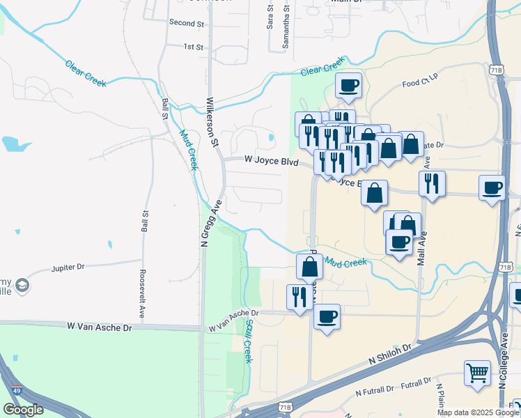 map of restaurants, bars, coffee shops, grocery stores, and more near 2443 West Mary Drive in Fayetteville