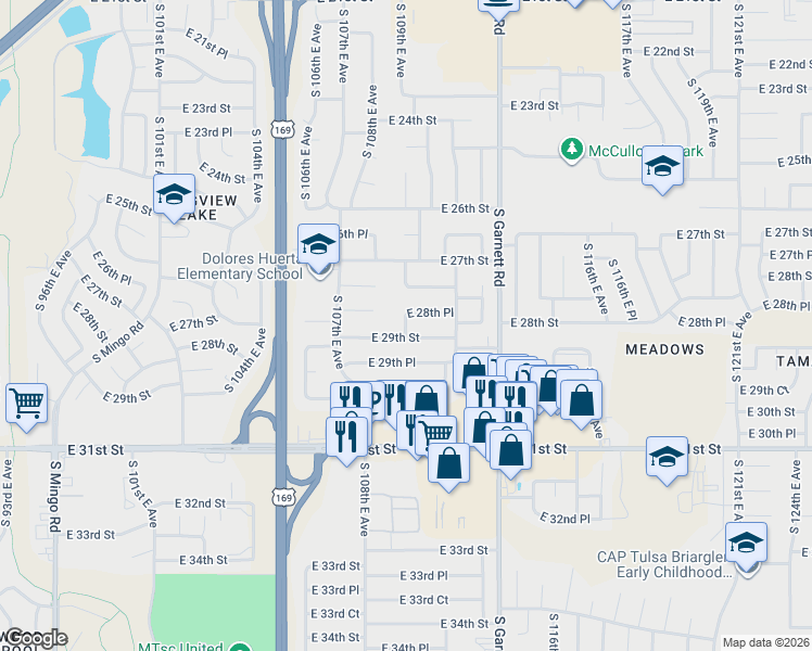 map of restaurants, bars, coffee shops, grocery stores, and more near 10908 East 28th Place in Tulsa