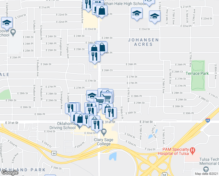map of restaurants, bars, coffee shops, grocery stores, and more near 6545 East 28th Street in Tulsa