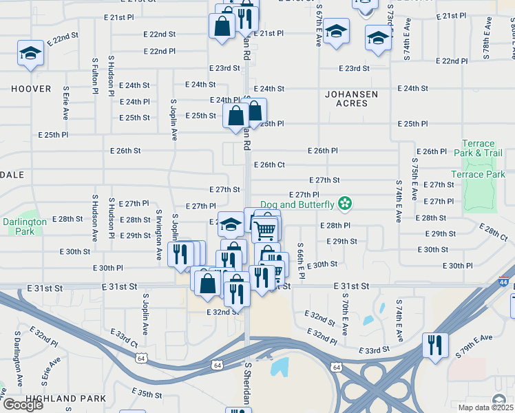 map of restaurants, bars, coffee shops, grocery stores, and more near 6509 East 28th Street in Tulsa