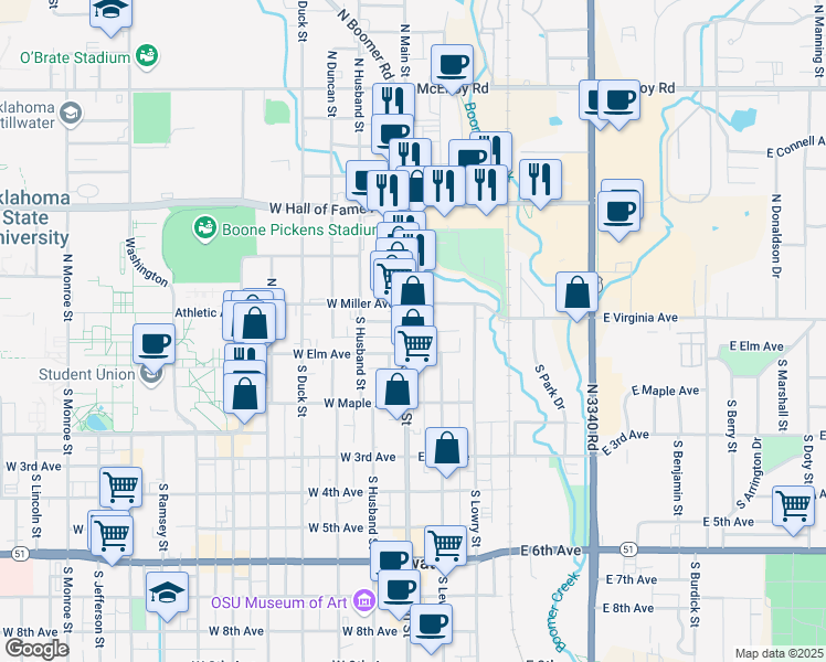 map of restaurants, bars, coffee shops, grocery stores, and more near 115 North Main Street in Stillwater
