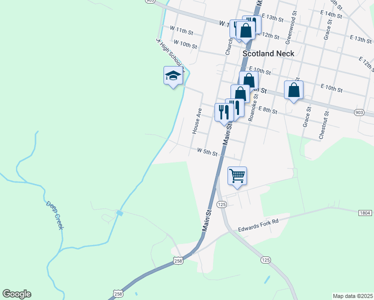 map of restaurants, bars, coffee shops, grocery stores, and more near 326 West 5th Street in Scotland Neck