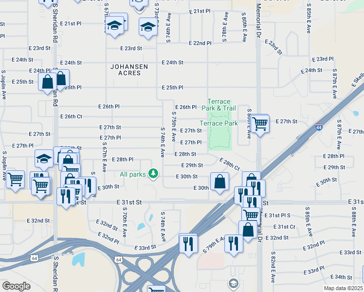 map of restaurants, bars, coffee shops, grocery stores, and more near 7516 East 27th Place in Tulsa