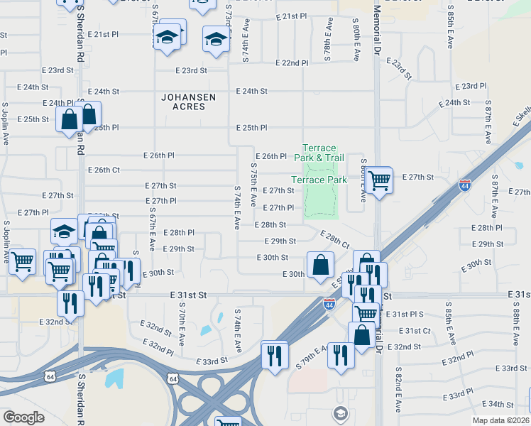 map of restaurants, bars, coffee shops, grocery stores, and more near 7516 East 27th Place in Tulsa