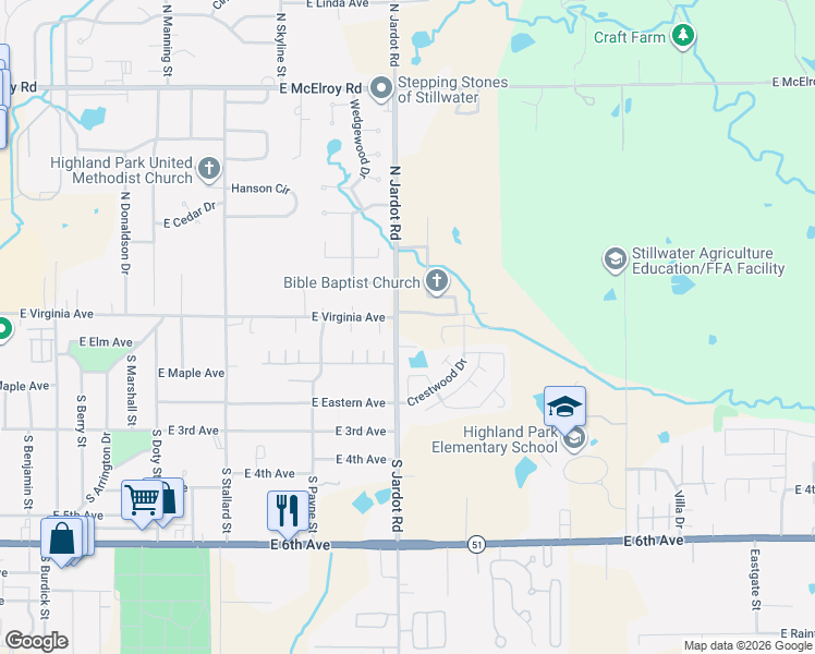 map of restaurants, bars, coffee shops, grocery stores, and more near 103 North Jardot Road in Stillwater