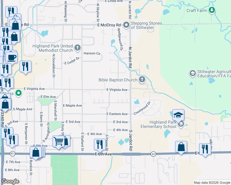 map of restaurants, bars, coffee shops, grocery stores, and more near 1901 East Virginia Avenue in Stillwater