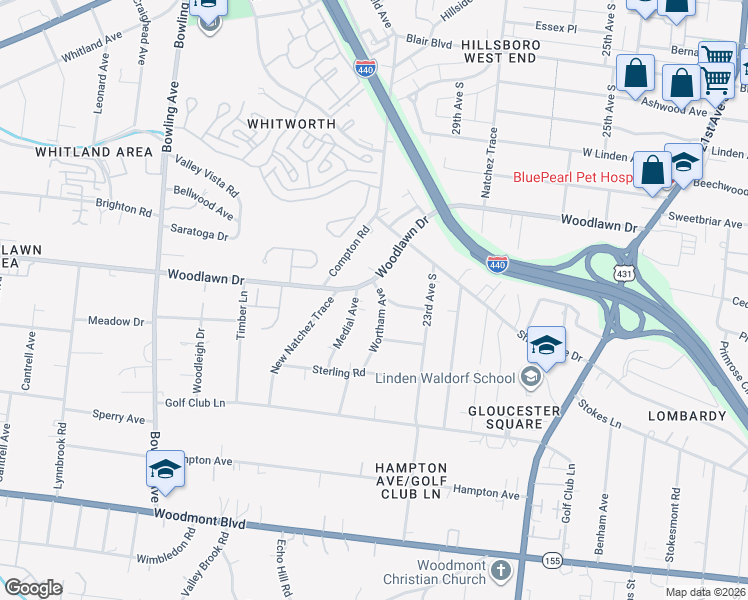 map of restaurants, bars, coffee shops, grocery stores, and more near 2709 Wortham Avenue in Nashville