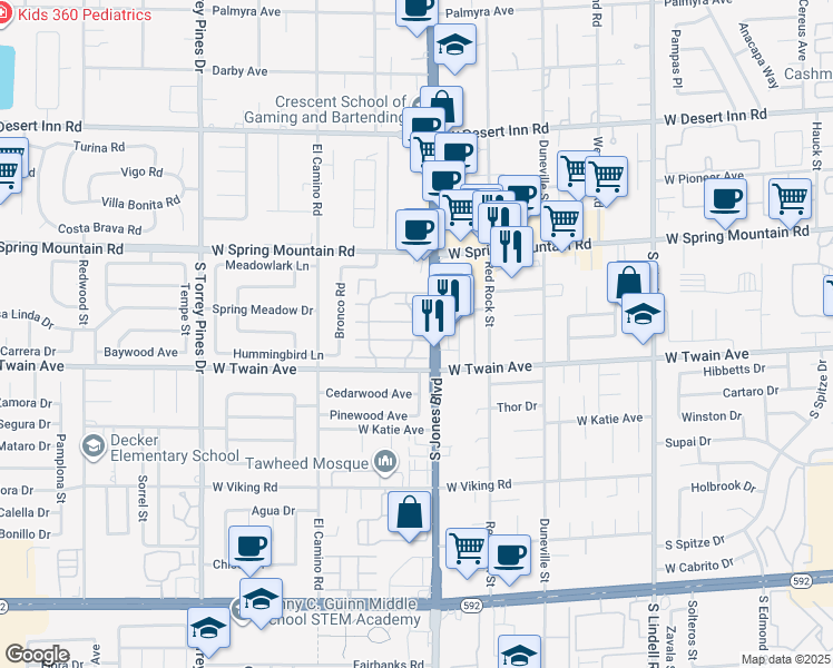 map of restaurants, bars, coffee shops, grocery stores, and more near 6124 Meadow View Lane in Las Vegas