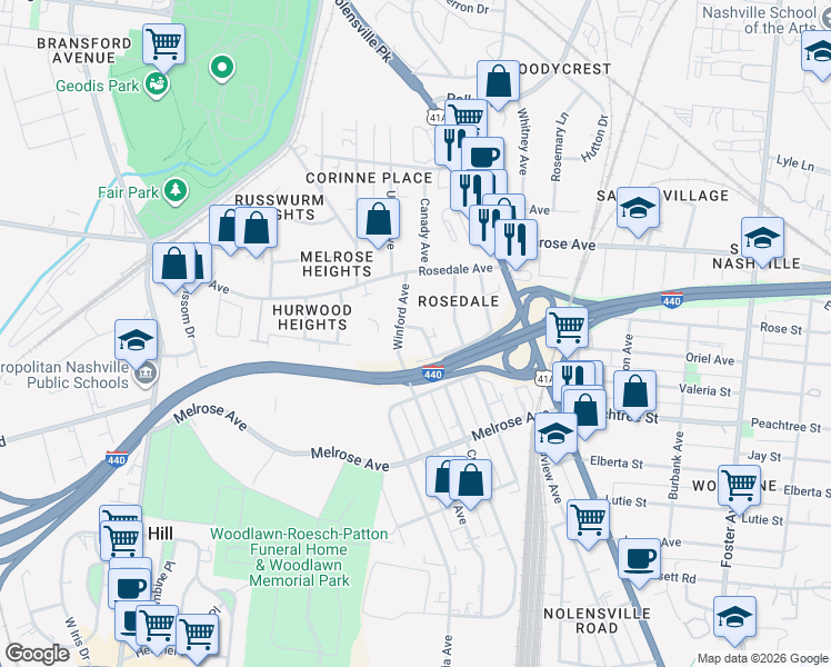 map of restaurants, bars, coffee shops, grocery stores, and more near 2227 Cruzen Street in Nashville