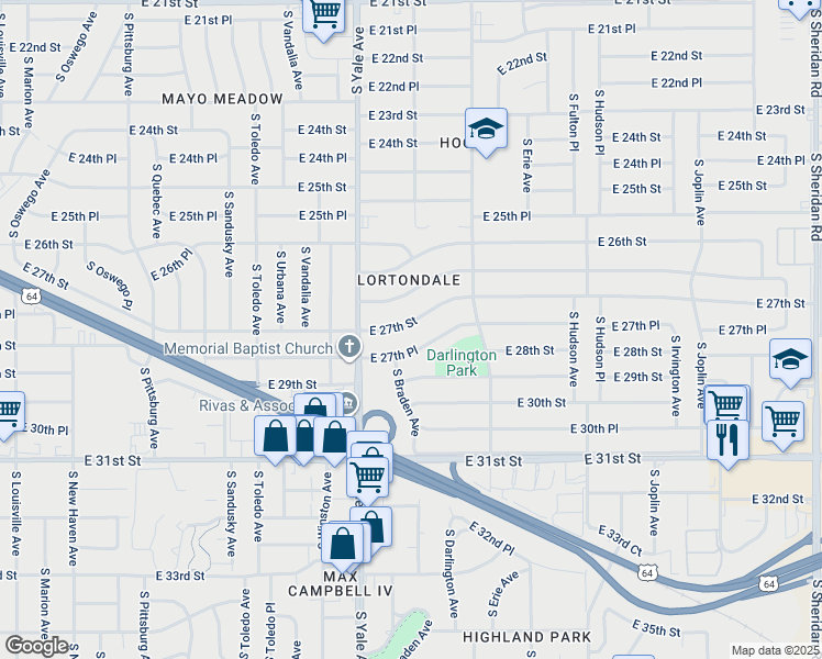 map of restaurants, bars, coffee shops, grocery stores, and more near 4938 East 27th Street in Tulsa