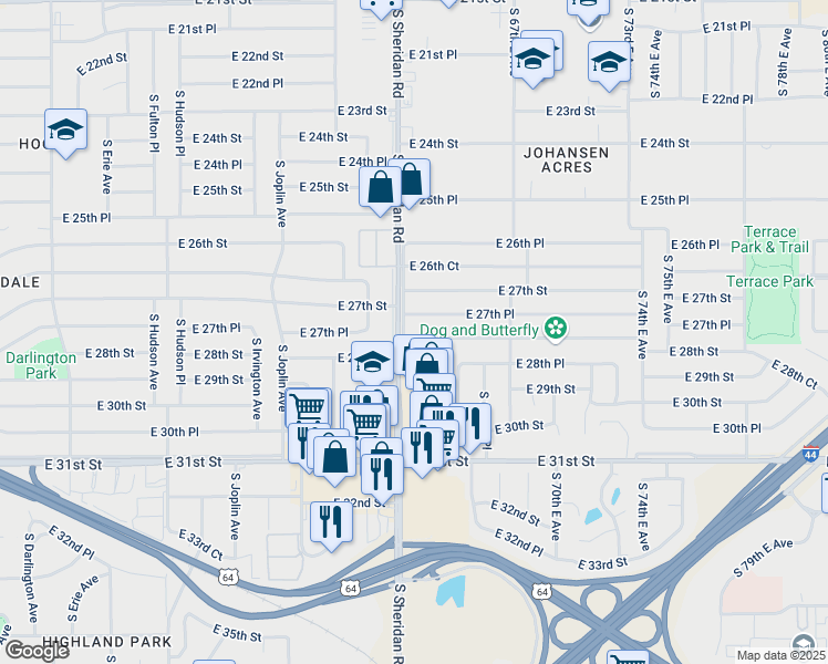 map of restaurants, bars, coffee shops, grocery stores, and more near 6509 East 28th Street in Tulsa