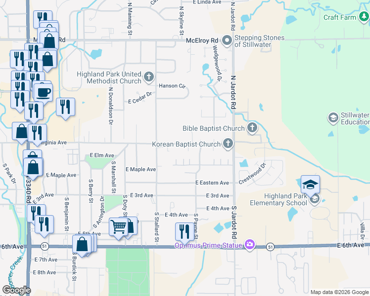 map of restaurants, bars, coffee shops, grocery stores, and more near 110 South Blair Street in Stillwater