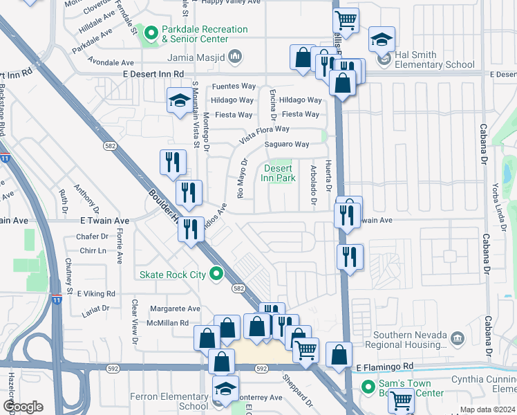 map of restaurants, bars, coffee shops, grocery stores, and more near 3652 Markam Street in Las Vegas