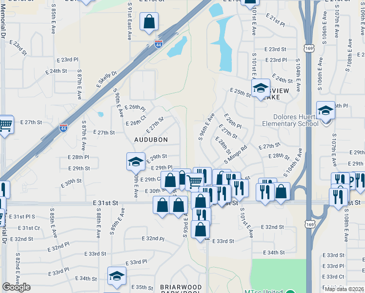 map of restaurants, bars, coffee shops, grocery stores, and more near 2805 South 94th East Avenue in Tulsa