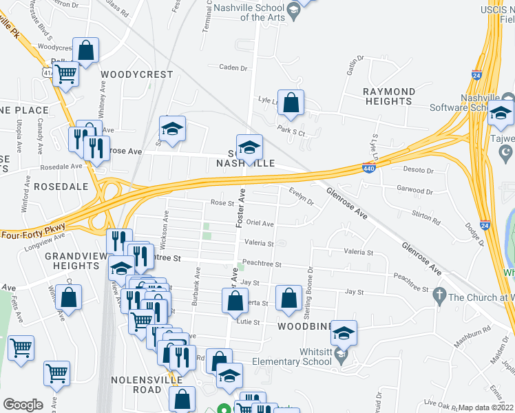 map of restaurants, bars, coffee shops, grocery stores, and more near 113 Rose Street in Nashville