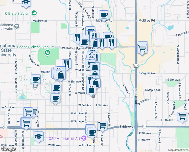 map of restaurants, bars, coffee shops, grocery stores, and more near 115 North Main Street in Stillwater