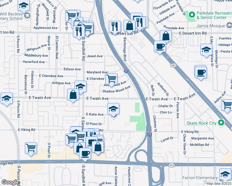 map of restaurants, bars, coffee shops, grocery stores, and more near 4001 Shadow Wood Avenue in Las Vegas