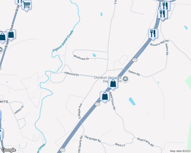 map of restaurants, bars, coffee shops, grocery stores, and more near 620 Hillwood Drive in Cookeville
