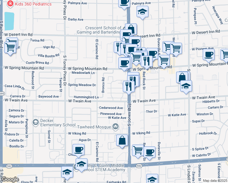 map of restaurants, bars, coffee shops, grocery stores, and more near 6182 Meadow View Lane in Las Vegas