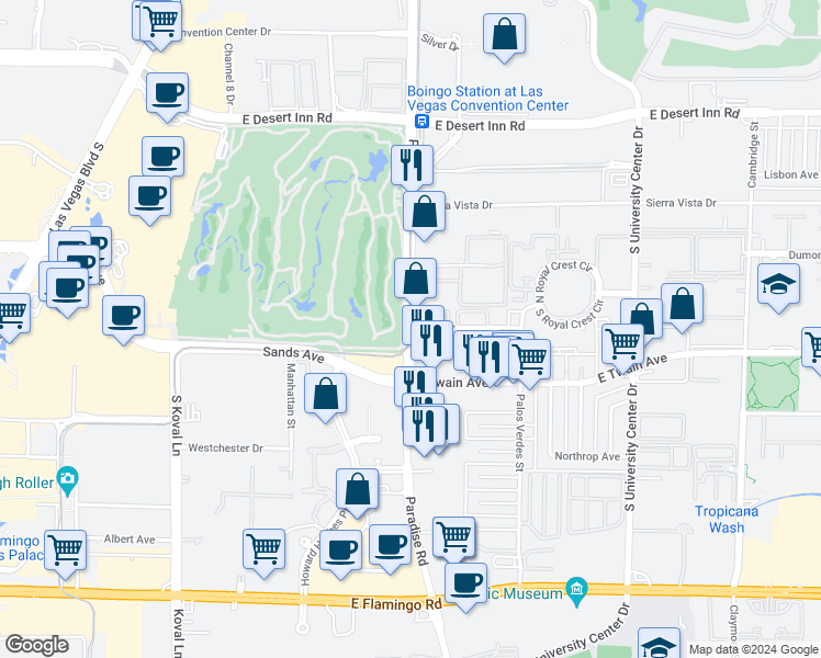 map of restaurants, bars, coffee shops, grocery stores, and more near Paradise Rd & Elm Dr in Paradise