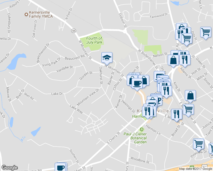 map of restaurants, bars, coffee shops, grocery stores, and more near 210 Baxter Street in Kernersville