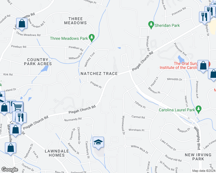 map of restaurants, bars, coffee shops, grocery stores, and more near 1319 Pisgah Church Road in Greensboro