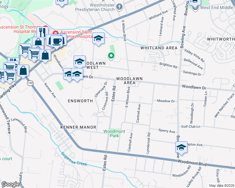 map of restaurants, bars, coffee shops, grocery stores, and more near 608 Estes Rd in Nashville