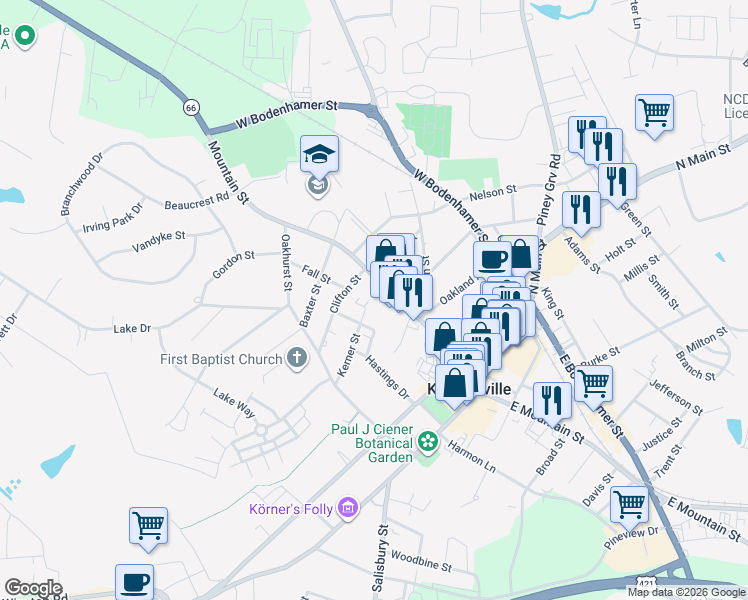 map of restaurants, bars, coffee shops, grocery stores, and more near 329 West Mountain Street in Kernersville