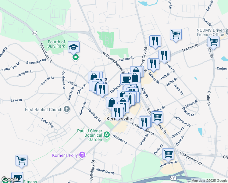 map of restaurants, bars, coffee shops, grocery stores, and more near 116 Oakland Avenue in Kernersville