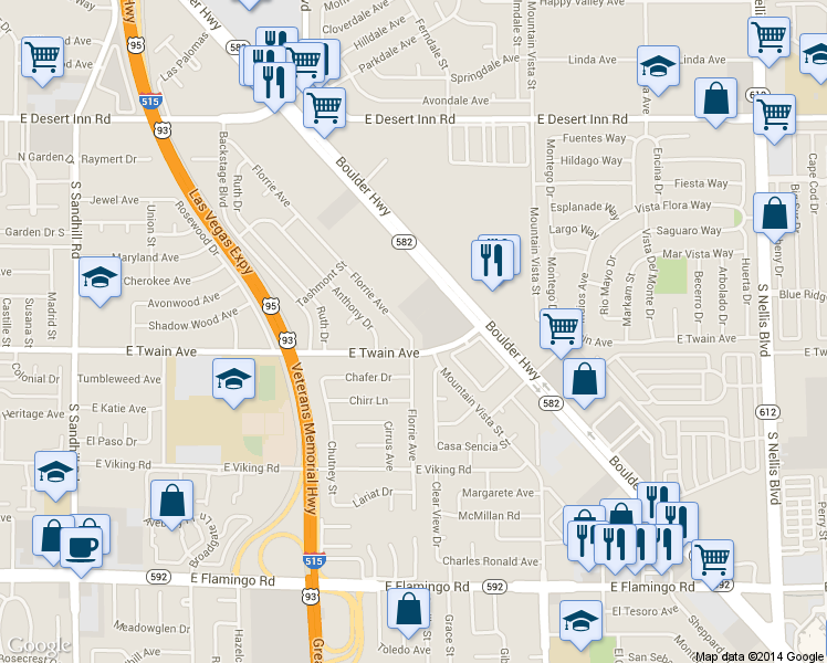 map of restaurants, bars, coffee shops, grocery stores, and more near 3668 Florrie Avenue in Las Vegas