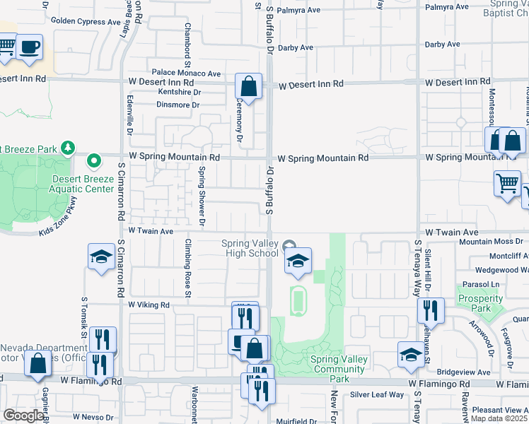 map of restaurants, bars, coffee shops, grocery stores, and more near 3646 Springbud Drive in Las Vegas